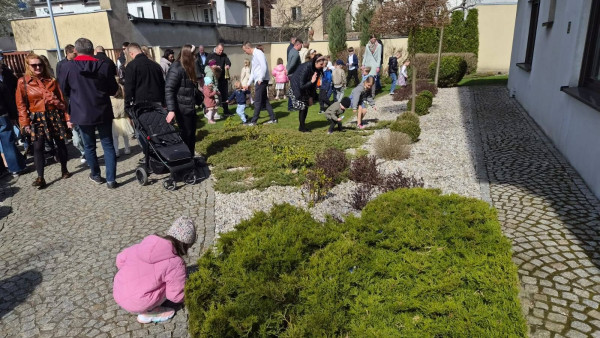 Zajączek dla dzieci w ogrodzie przy domu parafialnym