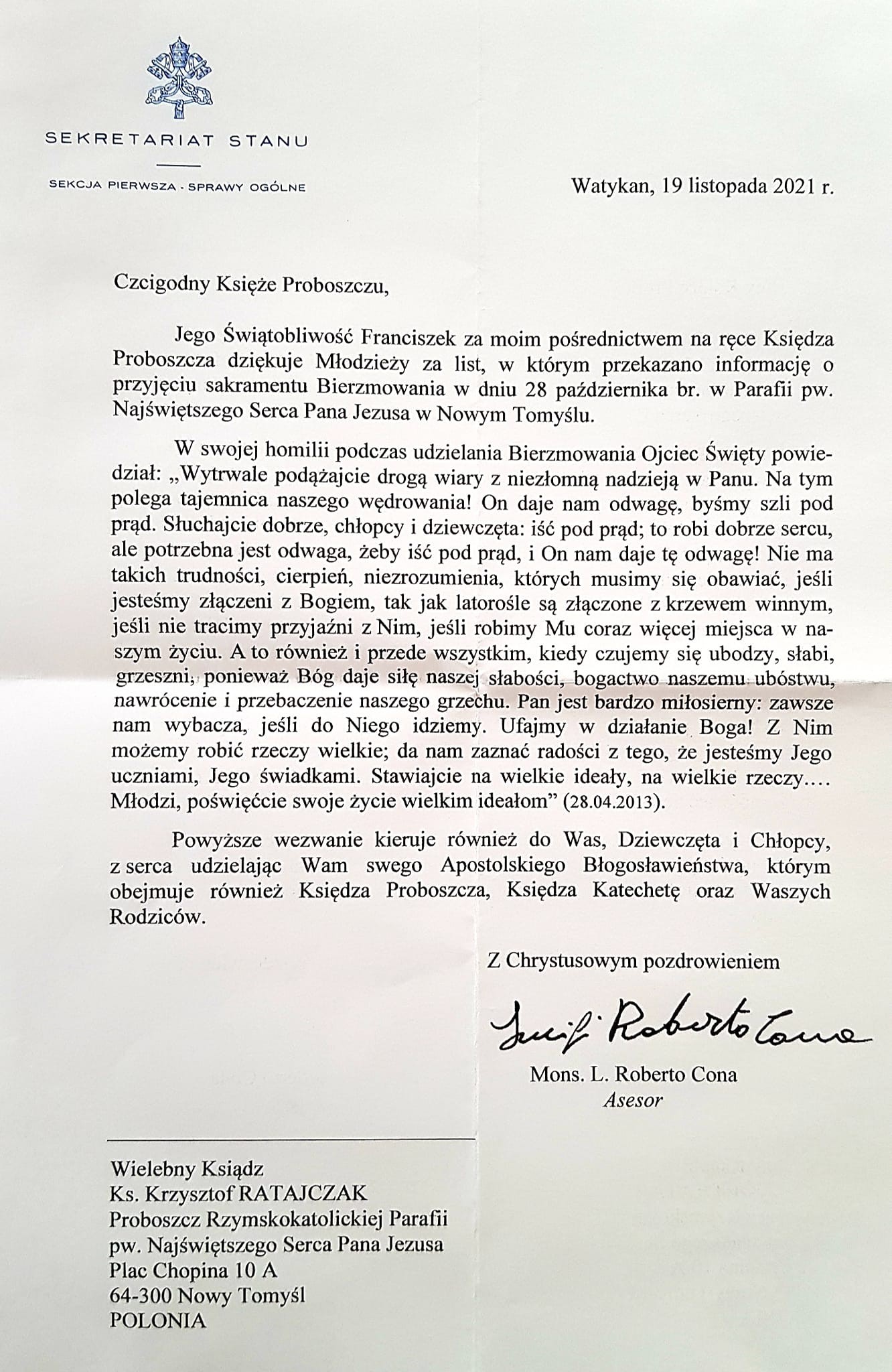 Odpowiedź Papieża Franciszka na list młodzieży bierzmowanej