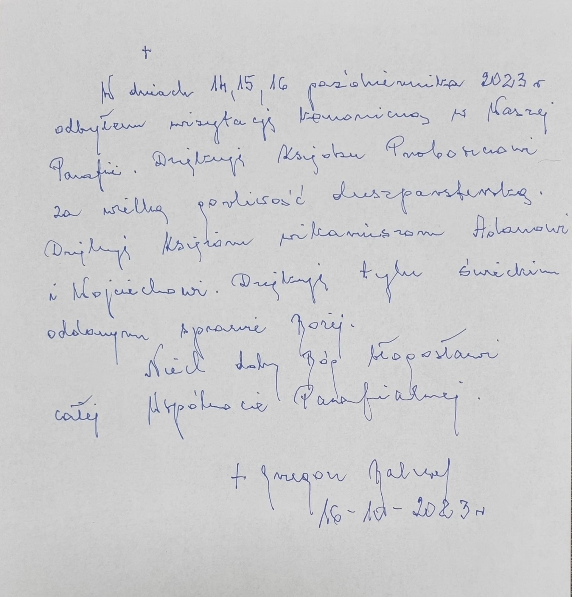 Wpis Księdza Biskupa do kroniki parafialnej na zakończenie wizytacji - 16.10.2023 r.