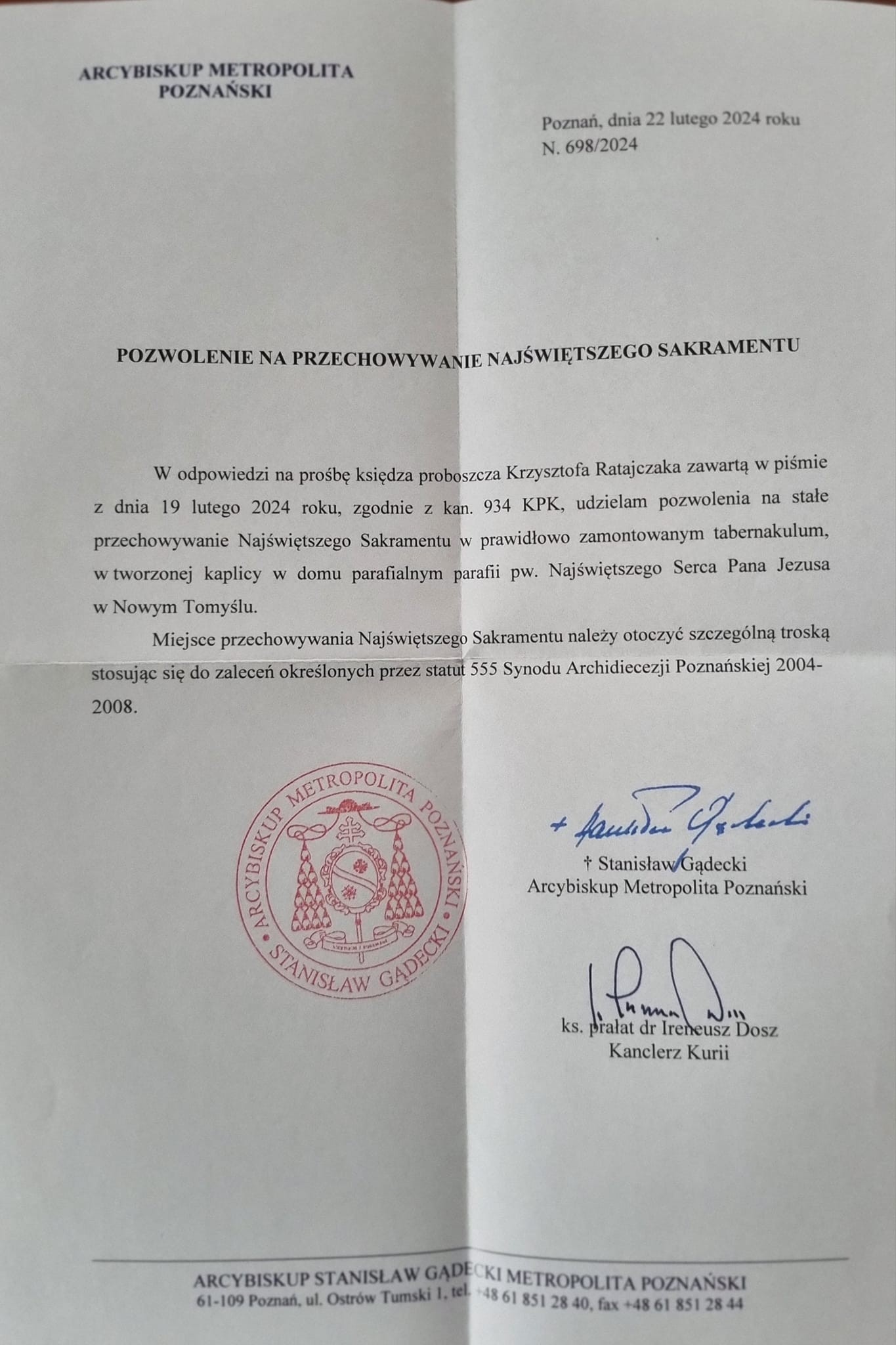 POZWOLENIE NA PRZECHOWYWANIE NAJŚWIĘTSZEGO SAKRAMENTU