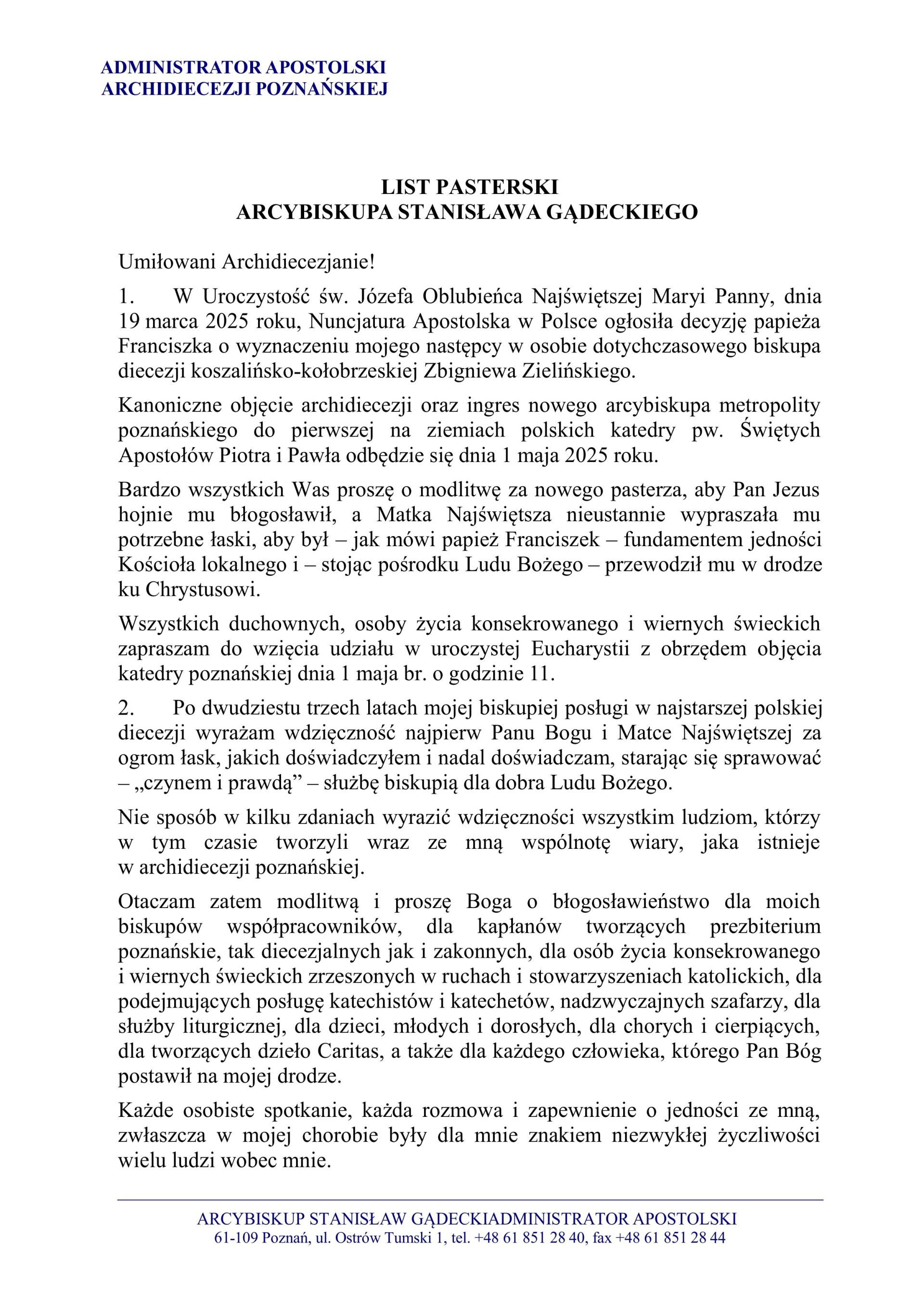 List pasterski Arcybiskupa Stanisława Gądeckiego na IV Niedzielę Wielkiego Postu