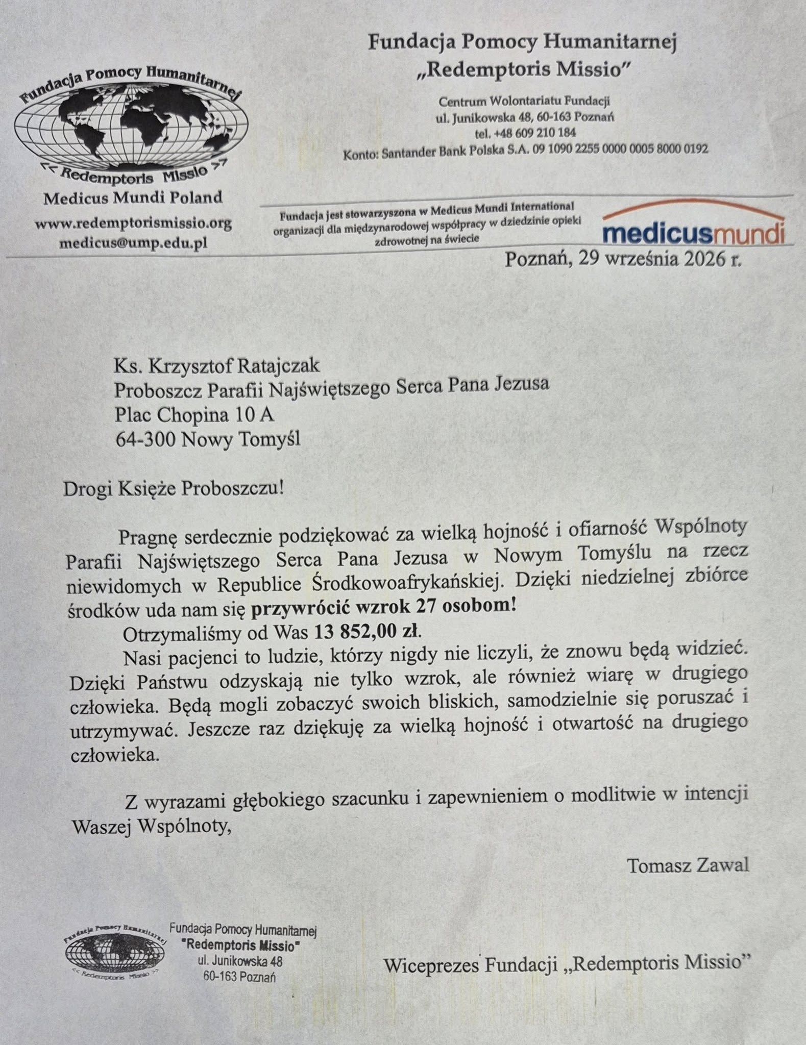 Podziękowanie od Fundacji "Redemptoris Missio"